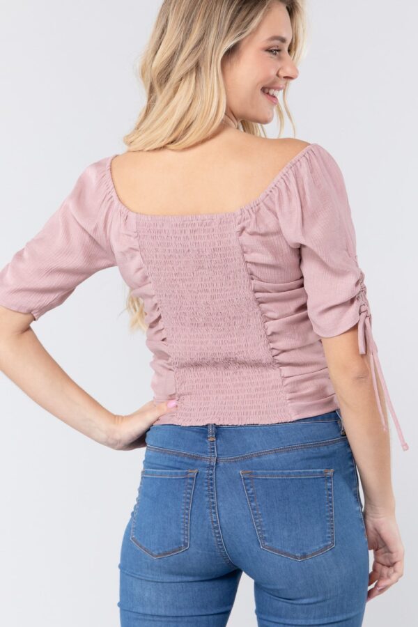 Smocked Ruched Elbow-Sleeve Woven Top – Mauve