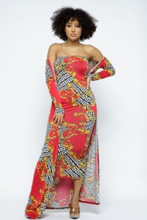 Venechia Print Tube Dress & Cardigan Set – Red