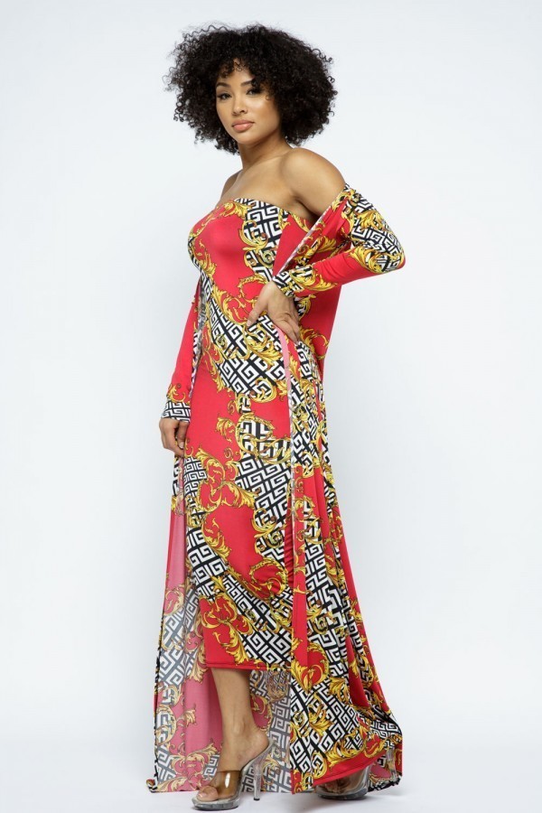 Venechia Print Tube Dress & Cardigan Set – Red