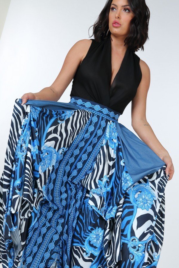 Animal Chain Print Denim Tacked Maxi Skirt – Black Gold