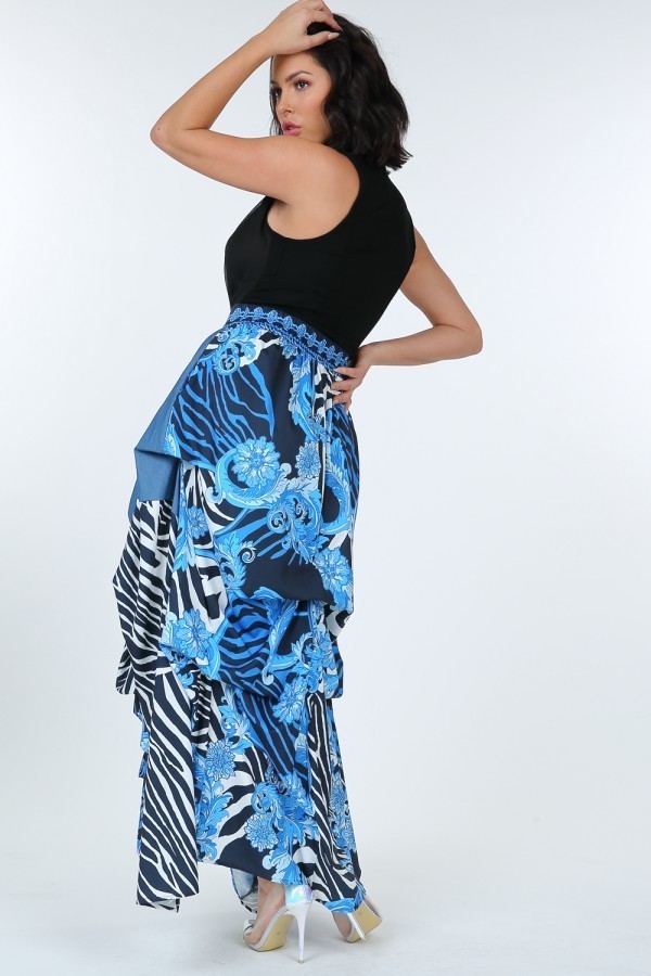 Animal Chain Print Denim Tacked Maxi Skirt – Black Gold