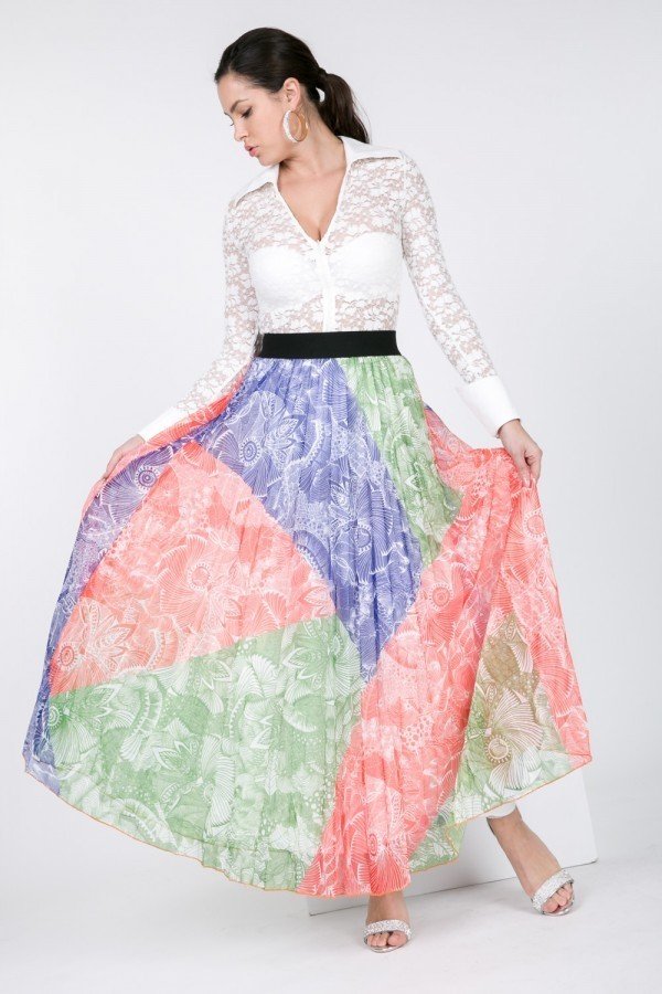 Color-Block Pleated Maxi Skirt – Multi