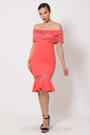 Off-Shoulder Crochet-Band Dress in Salmon