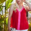 Plus Size Colorblock Cami – V-Neck Back Buttons, Cherry Tomato