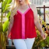 Plus Size Colorblock Cami – V-Neck Back Buttons, Cherry Tomato