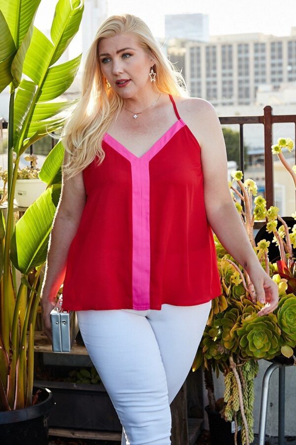Plus Size Colorblock Cami – V-Neck Back Buttons, Cherry Tomato