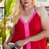 Plus Size Colorblock Cami – V-Neck Back Buttons, Cherry Tomato
