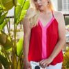 Plus Size Colorblock Cami – V-Neck Back Buttons, Cherry Tomato