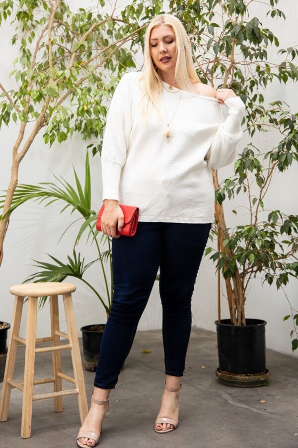 Plus Size Round-Neck Long-Sleeve Sweater in Ivory