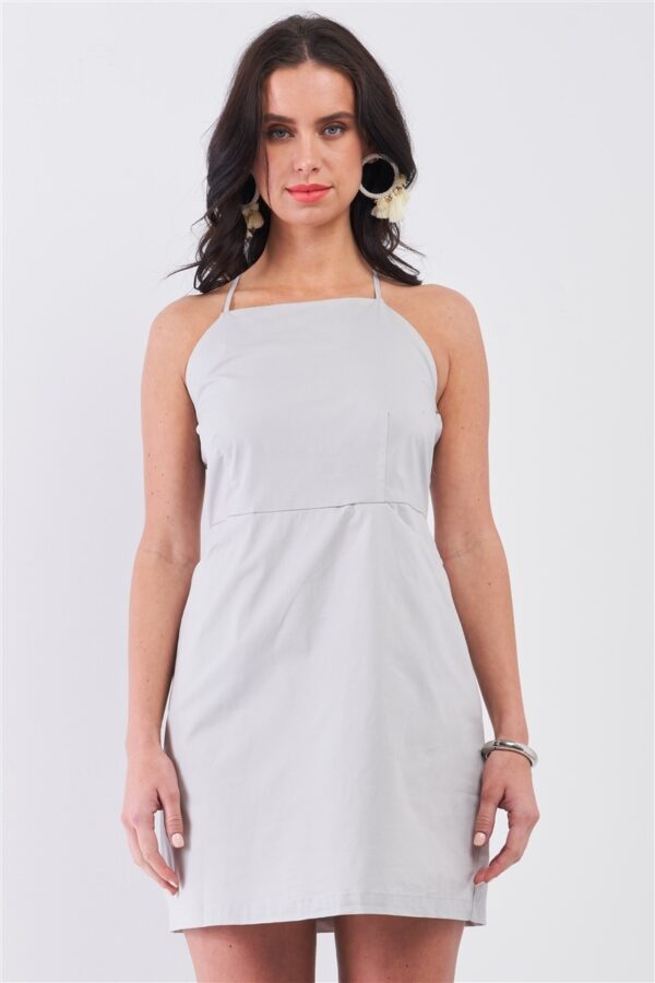 Light Grey Apron Mini Dress – Square Neck, Criss-Cross Back