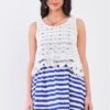 White & Navy Striped Mini Dress with Floral Embroidery