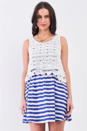 White & Navy Striped Mini Dress with Floral Embroidery