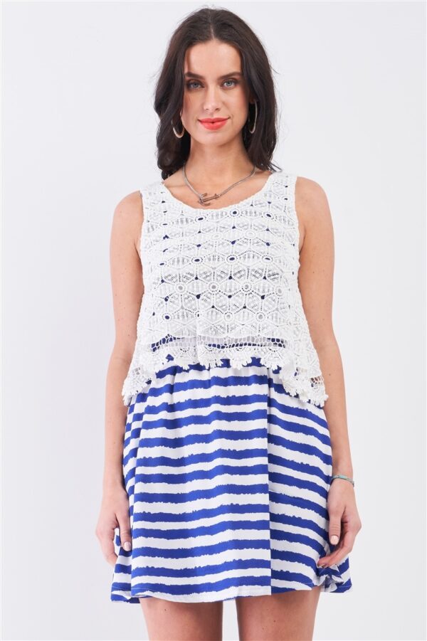 White & Navy Striped Mini Dress with Floral Embroidery