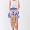 White & Navy Striped Mini Dress with Floral Embroidery