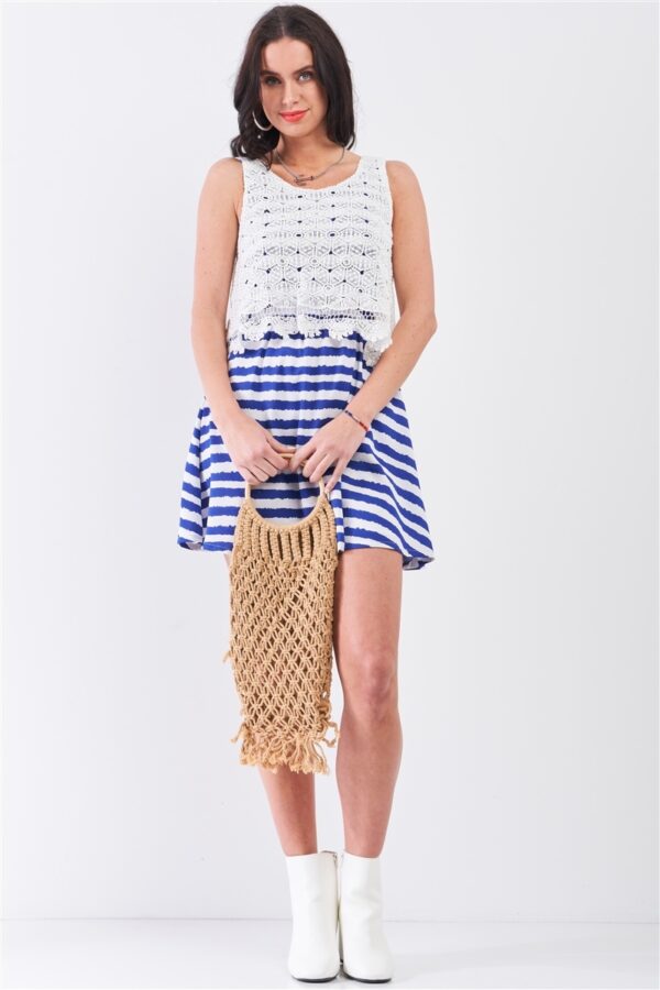 White & Navy Striped Mini Dress with Floral Embroidery