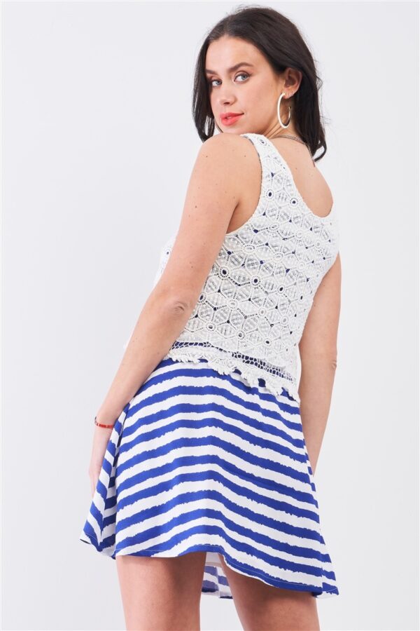 White & Navy Striped Mini Dress with Floral Embroidery