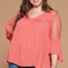 Plus Size Babydoll Blouse – Crochet Lace V-Neck, Coral