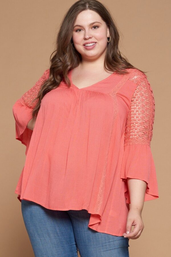 Plus Size Babydoll Blouse – Crochet Lace V-Neck, Coral