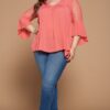 Plus Size Babydoll Blouse – Crochet Lace V-Neck, Coral