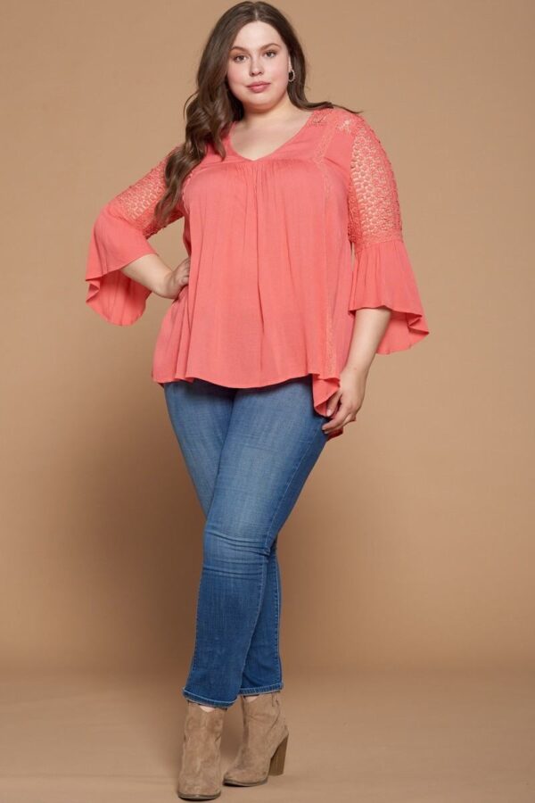 Plus Size Babydoll Blouse – Crochet Lace V-Neck, Coral