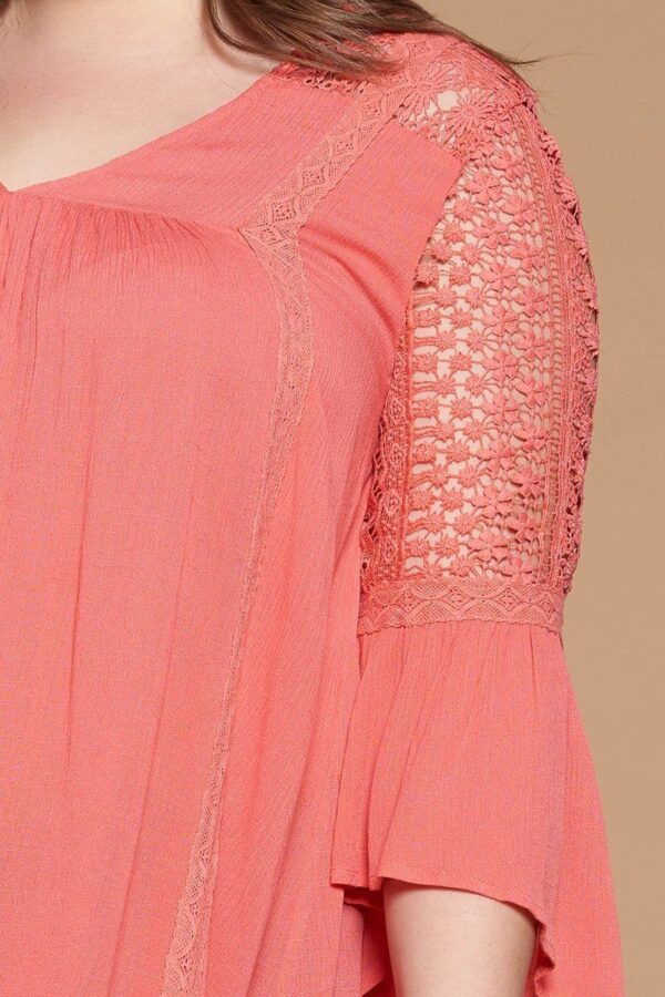 Plus Size Babydoll Blouse – Crochet Lace V-Neck, Coral