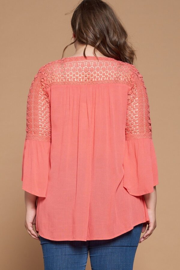 Plus Size Babydoll Blouse – Crochet Lace V-Neck, Coral