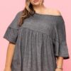 French Pullover Terry Woven Top with Lace Hem – Charcoal