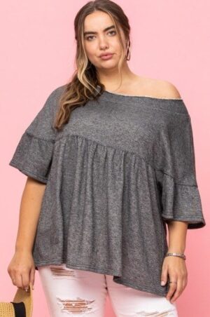 French Pullover Terry Woven Top with Lace Hem – Charcoal