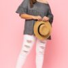 French Pullover Terry Woven Top with Lace Hem – Charcoal