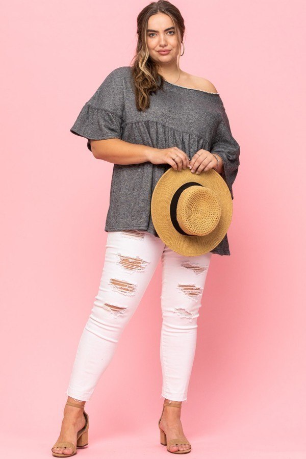 French Pullover Terry Woven Top with Lace Hem – Charcoal