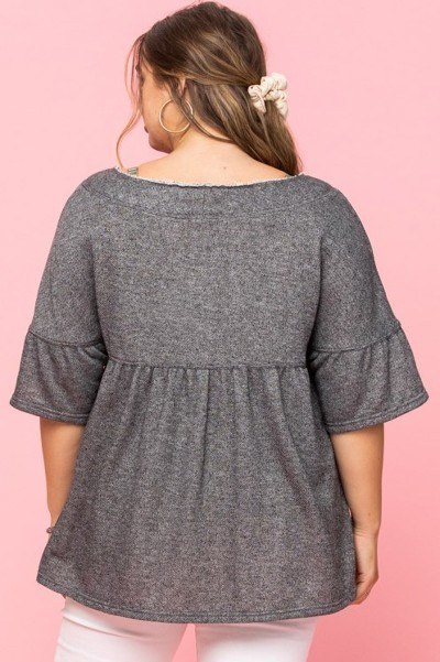 French Pullover Terry Woven Top with Lace Hem – Charcoal