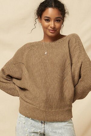 Ribbed Knit Sweater with Eyelet Detail – Taupe