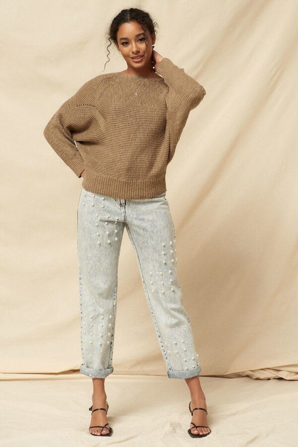 Ribbed Knit Sweater with Eyelet Detail – Taupe
