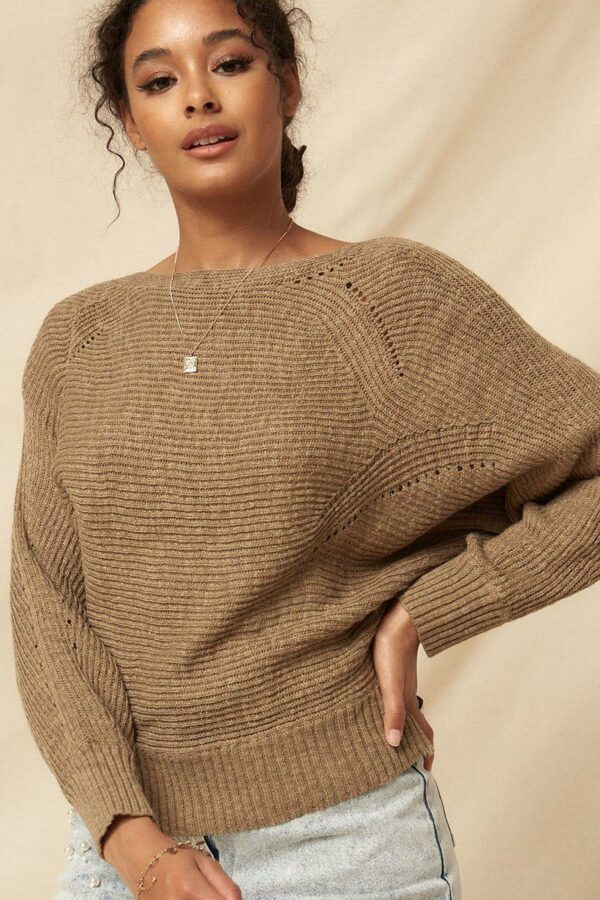 Ribbed Knit Sweater with Eyelet Detail – Taupe