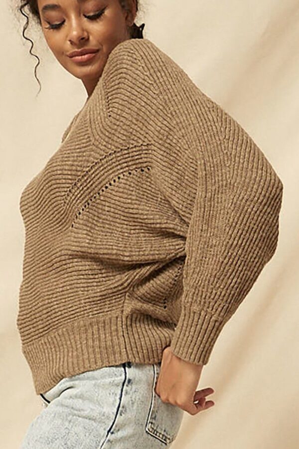 Ribbed Knit Sweater with Eyelet Detail – Taupe