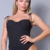 Gathered Bust Polka Dot Bodysuit – Shoulder Ties, Black