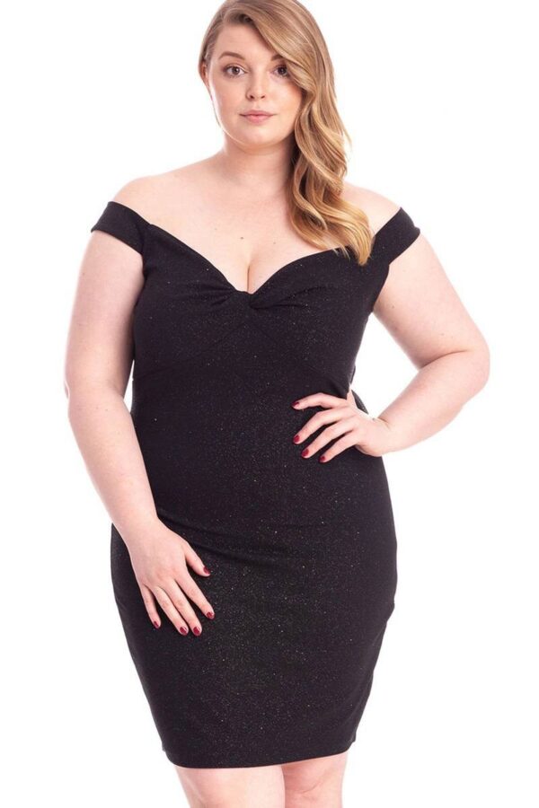Plus Size Glittered Off-Shoulder Bodycon Mini Dress – Black