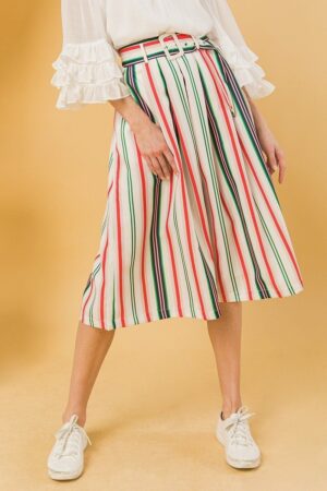 Woven Midi Skirt – Pleated Multicolor Stripe, Ivory