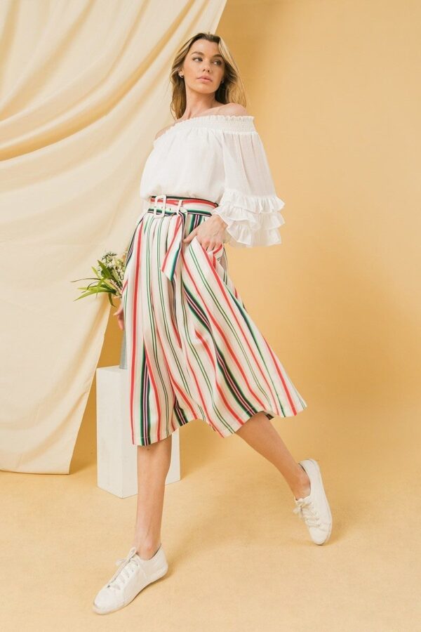 Woven Midi Skirt – Pleated Multicolor Stripe, Ivory
