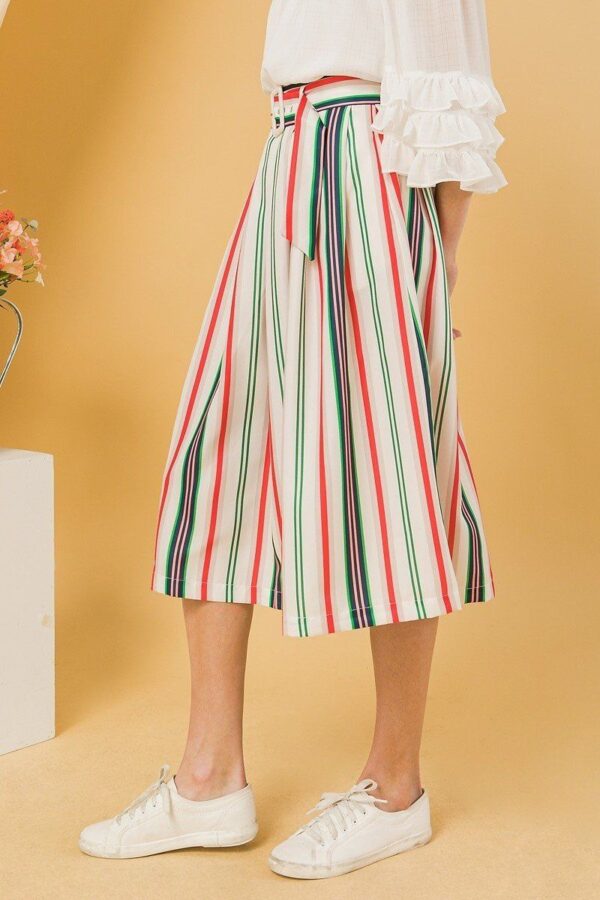 Woven Midi Skirt – Pleated Multicolor Stripe, Ivory