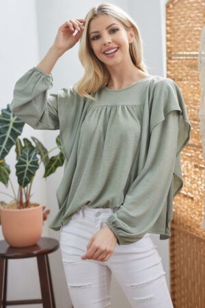 Draped Ruffle Long-Sleeve Top – Sage