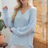 Ribbed V-Neck Long Sleeve Top – Powder Blue