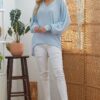 Ribbed V-Neck Long Sleeve Top – Powder Blue