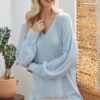 Ribbed V-Neck Long Sleeve Top – Powder Blue