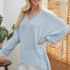 Ribbed V-Neck Long Sleeve Top – Powder Blue