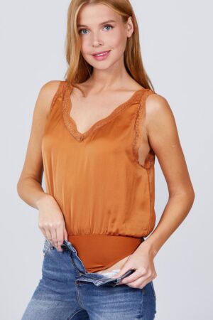 Lace-Detail V-Neck Woven Bodysuit – Light Rust