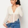 Fishnet Mesh Deep V Bodysuit – Sheer Back, Cream