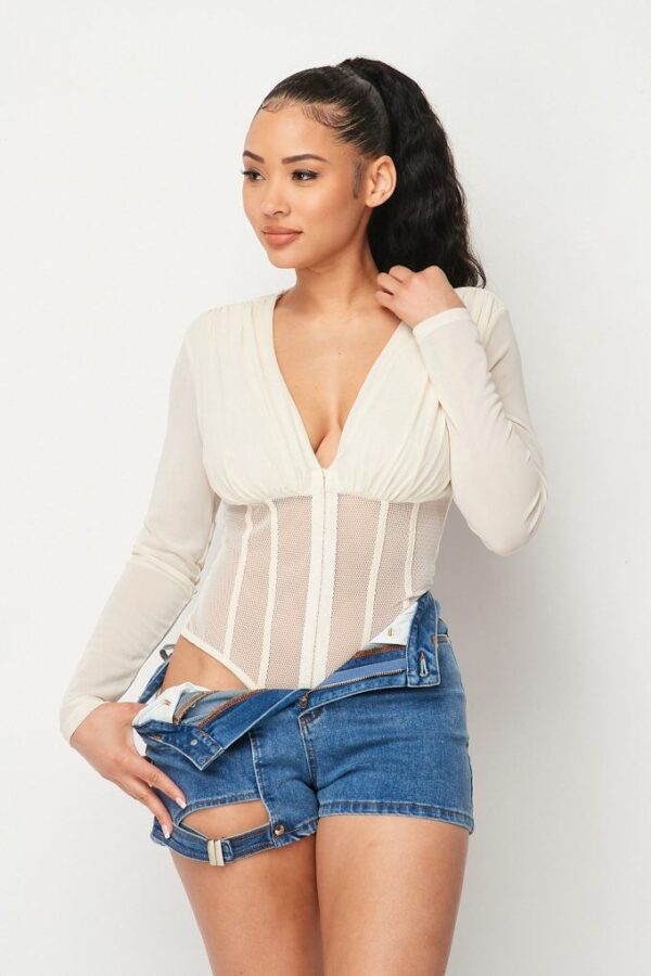 Fishnet Mesh Deep V Bodysuit – Sheer Back, Cream