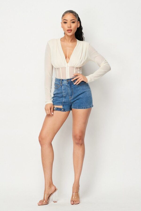 Fishnet Mesh Deep V Bodysuit – Sheer Back, Cream