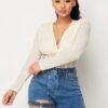 Fishnet Mesh Deep V Bodysuit – Sheer Back, Cream